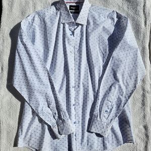 Maceoo XL Long Sleeve Dress Shirt Button-Down Blue Fishbone White 100% Cotton